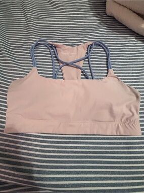 Outdoor Voices Blush Sports Bra with Blue Straps